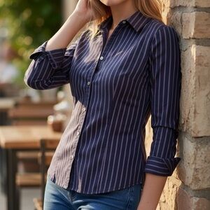 George Stretch Black With Pink Pin Stripe Button Down Blouse Size Ladies Small